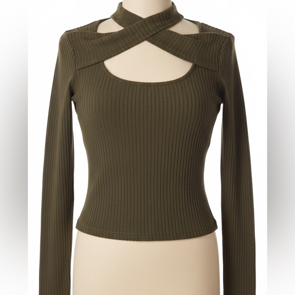 SHEIN Olive Ribbed Knit Top